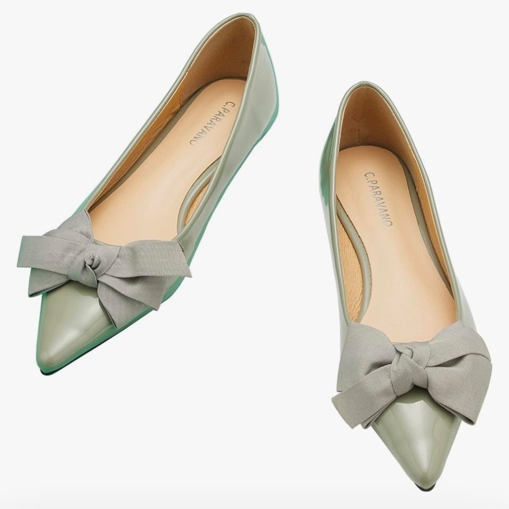 Caparravino Sage Green Patent Pointed Bow Ballet Flat